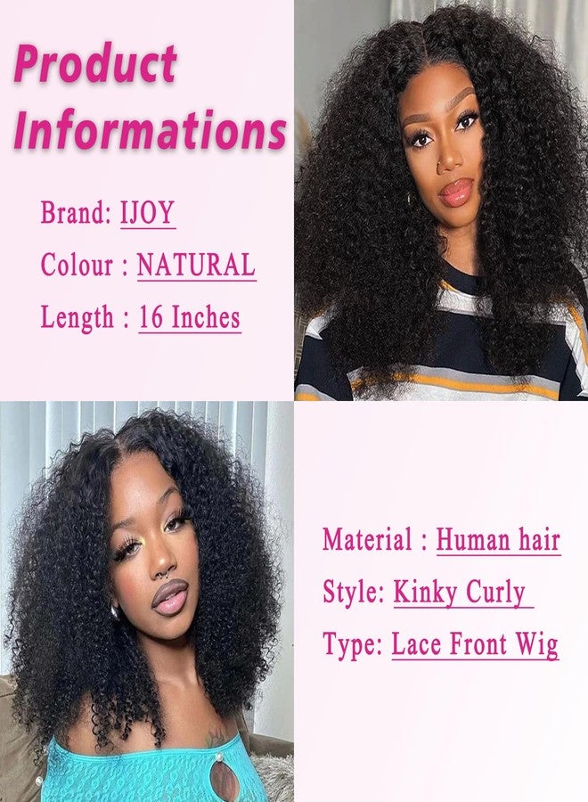 ijoy Natural Black Kinky Curly Wig Human Hair 16 Inch 13x4 Lace Front Wigs 180 Density, Full and Thick Afro Curly Wigs for Black Women Brazilian Virgin Hair Bob Frontal Wig Natural Black Afro kinky - Image 4